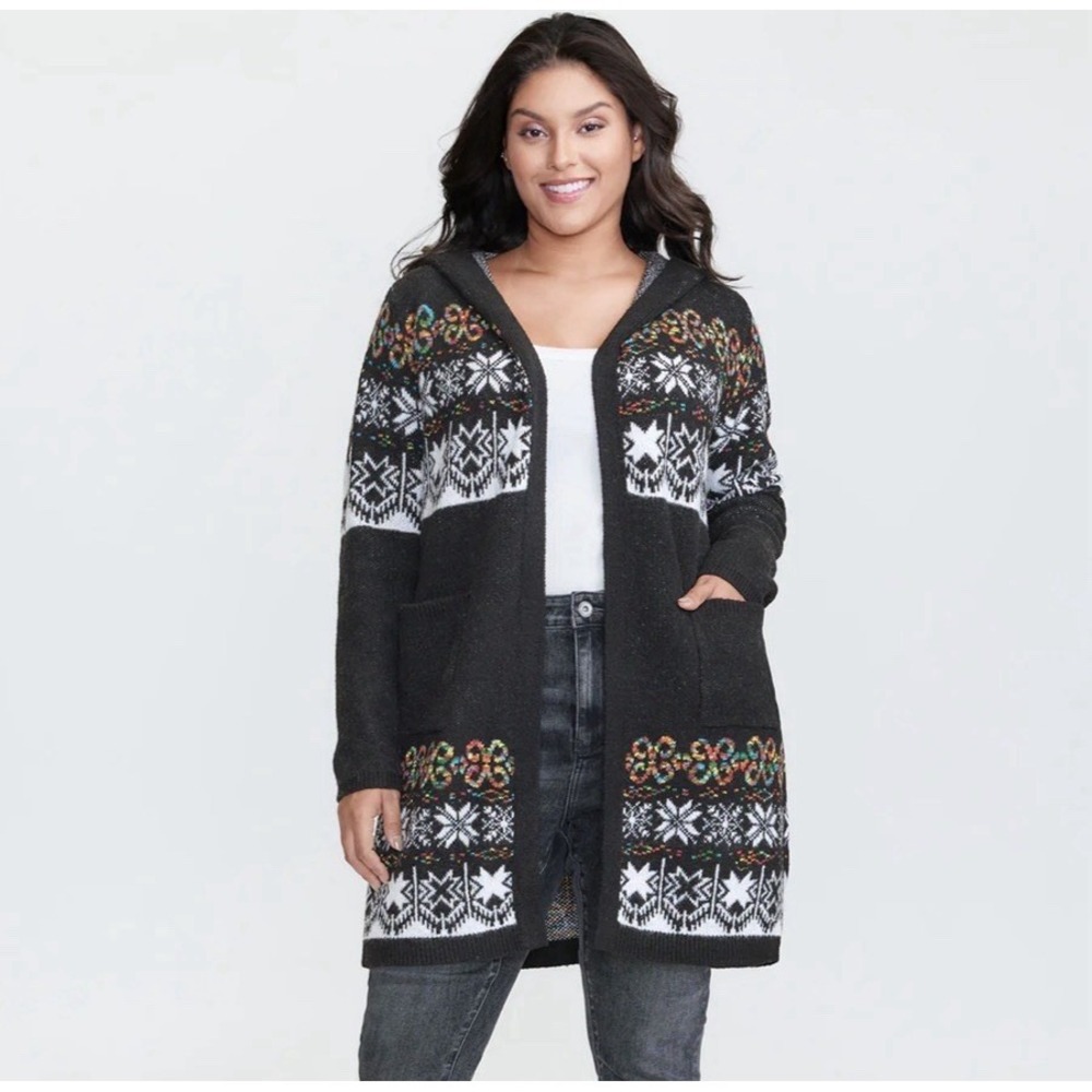 Bloomchic‎ Boho Print Jaquard Hooded Knit Cardigan Size 4XL Open Front Long